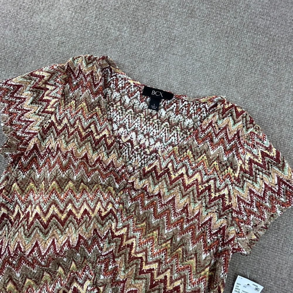 BCX Blouse Top Womens Large Multicolor Chevron Lined Lettuce Edge Tie Front‎